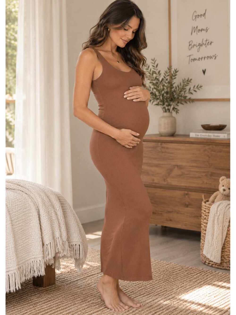 BUMPSUIT The Elle Maternity Mocha Maxi Dress Double Lined Soft Brushed Jersey M